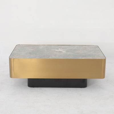 Living Room Stainless Steel Square Central  coffee Table  With Brushed Gold Satin Finish Natural Marble Top Metal Legs