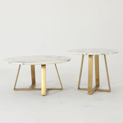 Living Room Stainless Steel Round Set coffee Table  With Brushed Gold Satin Finish Natural Marble Top Metal Legs