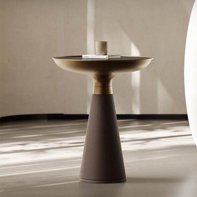 Oak Veneer Round End Tabe Black Glass Top Solid Wood Legs small Side Table For Living Room And Hotel Use