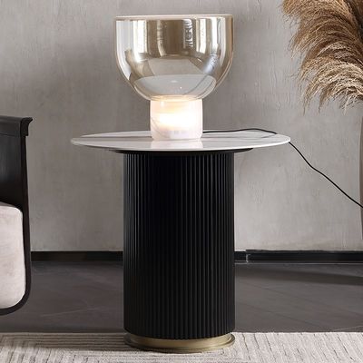 Living room round small stainless steel end table with brushed gold ceramic top wooden base