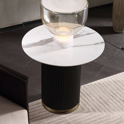 Living room round small stainless steel end table with brushed gold ceramic top wooden base
