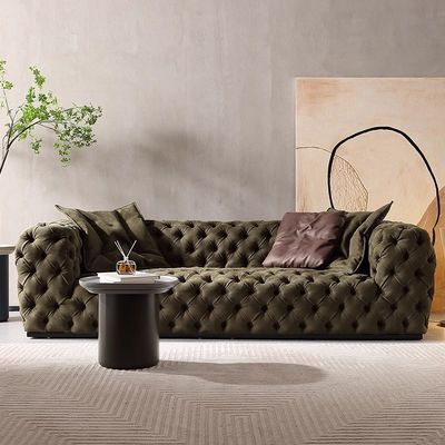 Solid Wood Legs Living Room Sofa Genuine Leather Sofa 3 Seater Dark Green