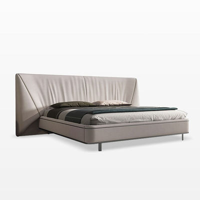Grey Genuine Leather King Size Bed SS Leg Solid Wood Frame Bed