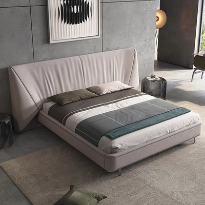 Grey Genuine Leather King Size Bed SS Leg Solid Wood Frame Bed