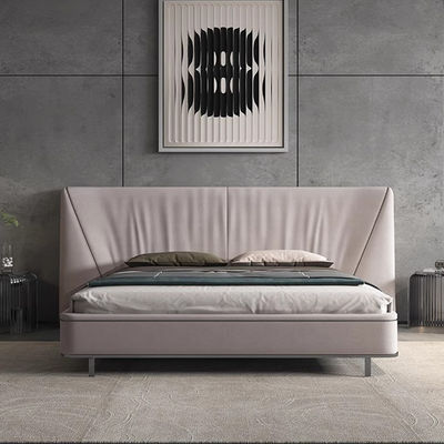 Grey Genuine Leather King Size Bed SS Leg Solid Wood Frame Bed