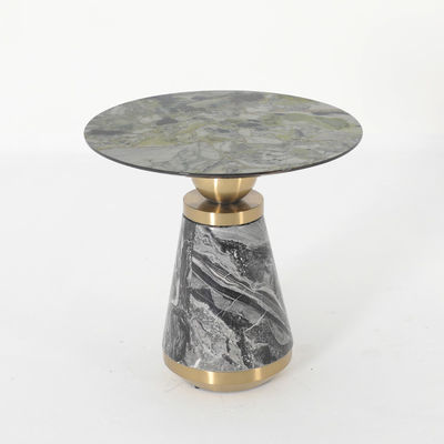 Living Room Round Small Stainless Steel End Table With Brushed Gold Natural Marble Top Ebony veneer wood Top