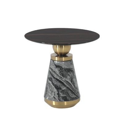 Living Room Round Small Stainless Steel End Table With Brushed Gold Natural Marble Top Ebony veneer wood Top