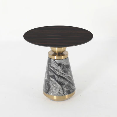 Living Room Round Small Stainless Steel End Table With Brushed Gold Natural Marble Top Ebony veneer wood Top