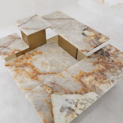 Stainless Steel Central Coffee Table With Brushed Gold Satin Finish Marble Top