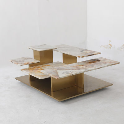 Stainless Steel Central Coffee Table With Brushed Gold Satin Finish Marble Top