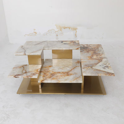 Stainless Steel Central Coffee Table With Brushed Gold Satin Finish Marble Top