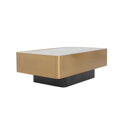 Living Room Stainless Steel Square Central  coffee Table  With Brushed Gold Satin Finish Natural Marble Top Metal Legs