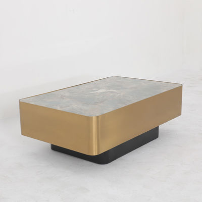 Living Room Stainless Steel Square Central  coffee Table  With Brushed Gold Satin Finish Natural Marble Top Metal Legs