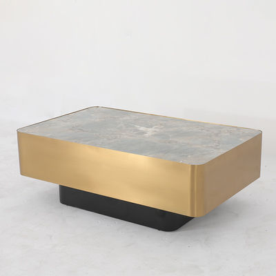 Living Room Stainless Steel Square Central  coffee Table  With Brushed Gold Satin Finish Natural Marble Top Metal Legs
