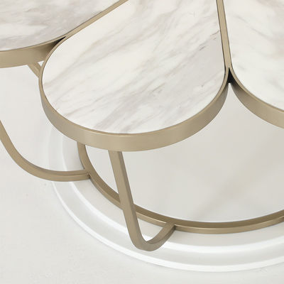 Living Room Stainless Steel Round Certral Coffee Table  With Brushed Gold Satin Finish Natural Marble Top Metal Legs