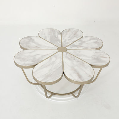Living Room Stainless Steel Round Certral Coffee Table  With Brushed Gold Satin Finish Natural Marble Top Metal Legs