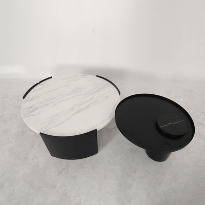 Living Room Stainless Steel Round Set Coffee Table Satin Black Finish Natural Marble Top Metal Legs