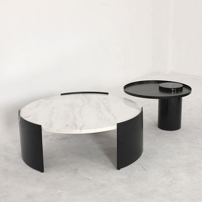 Living Room Stainless Steel Round Set Coffee Table Satin Black Finish Natural Marble Top Metal Legs