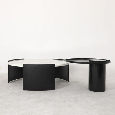 Living Room Stainless Steel Round Set Coffee Table Satin Black Finish Natural Marble Top Metal Legs