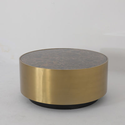 Living Room Stainless Steel Round Central  coffee Table  With Brushed Gold Satin Finish Natural Marble Top Metal Legs