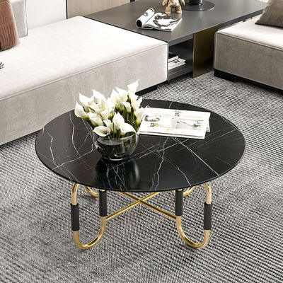 Living Room Stainless Steel Round Central coffee Table  With Bright Gold Mirror Finish Natural Marble Top Metal Legs