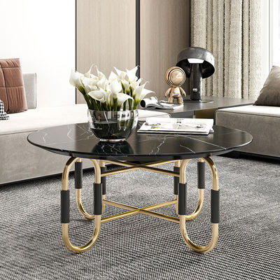 Living Room Stainless Steel Round Central coffee Table  With Bright Gold Mirror Finish Natural Marble Top Metal Legs