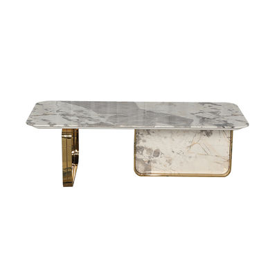 Living Room Stainless Steel Rectangle Central coffee Table  With Bright Gold Mirror Finish Natural Marble Top Metal Legs