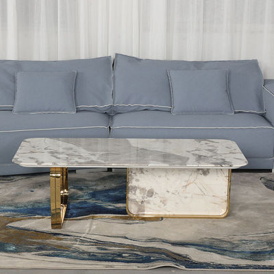 Living Room Stainless Steel Rectangle Central coffee Table  With Bright Gold Mirror Finish Natural Marble Top Metal Legs