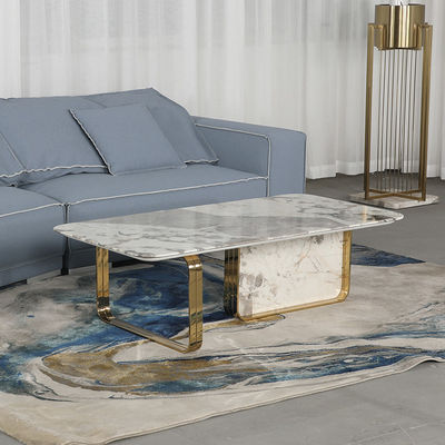 Living Room Stainless Steel Rectangle Central coffee Table  With Bright Gold Mirror Finish Natural Marble Top Metal Legs