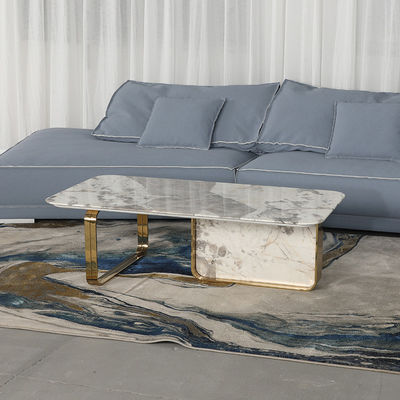 Living Room Stainless Steel Rectangle Central coffee Table  With Bright Gold Mirror Finish Natural Marble Top Metal Legs