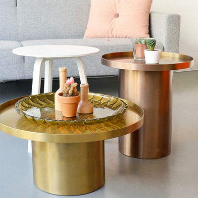 Living Room Round Stainless Steel Side Table With Brushed Gold Metal Base