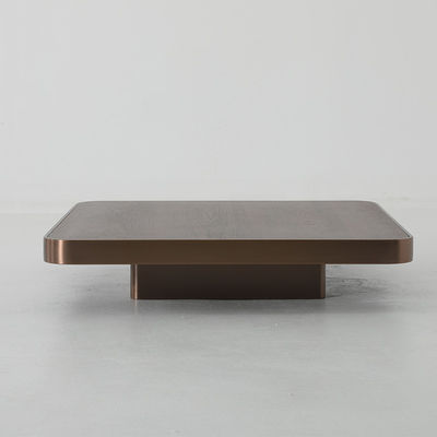 Living Room Stainless Steel Square Central Coffee Table Matt Rose Gold Satin Finish Walnut Veneer Wood  Top Metal Legs