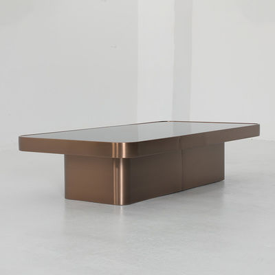 Living Room Stainless Steel Square Central Coffee Table Matt Rose Gold Satin Finish Black Glass Top Metal Legs