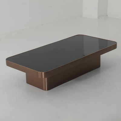 Living Room Stainless Steel Square Central Coffee Table Matt Rose Gold Satin Finish Black Glass Top Metal Legs