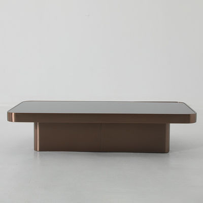 Living Room Stainless Steel Square Central Coffee Table Matt Rose Gold Satin Finish Black Glass Top Metal Legs