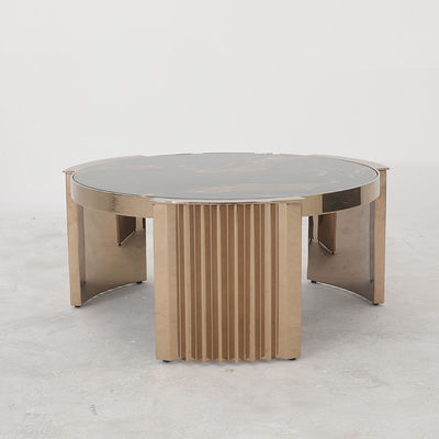 Living Room Stainless Steel Rond Central coffee Table  With Matte Gold Satin Finish Natural Marble Top Metal Legs