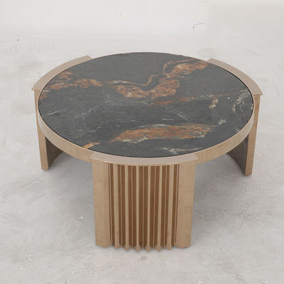 Living Room Stainless Steel Rond Central coffee Table  With Matte Gold Satin Finish Natural Marble Top Metal Legs