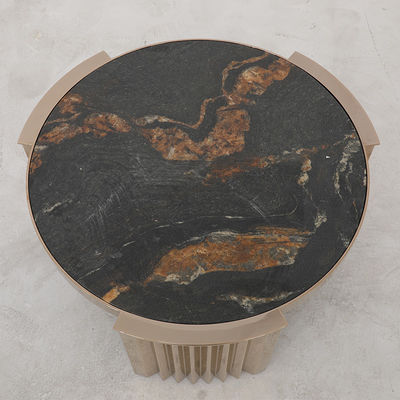 Living Room Stainless Steel Rond Central coffee Table  With Matte Gold Satin Finish Natural Marble Top Metal Legs