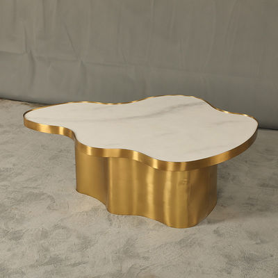 Living Room Stainless Steel Central Coffee Table Bright Gold Satin Finish Natural white Marble Top Metal Legs
