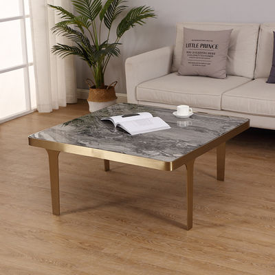 Square Stainless Steel Central Coffee Table Satin Finish Marble Top Tea Table