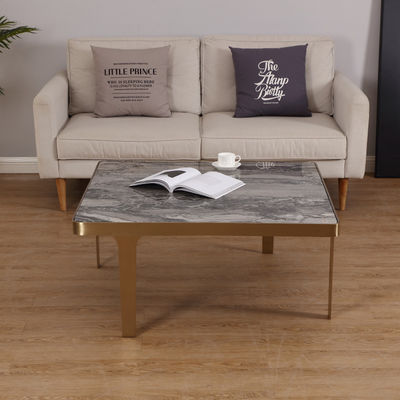 Square Stainless Steel Central Coffee Table Satin Finish Marble Top Tea Table