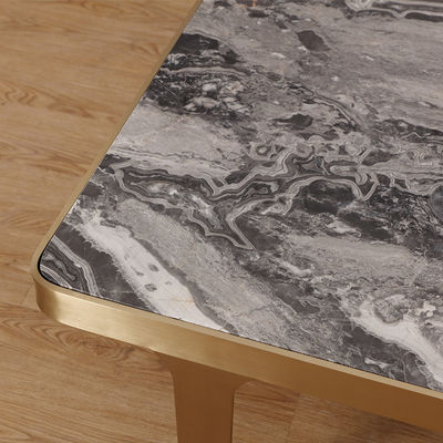 Square Stainless Steel Central Coffee Table Satin Finish Marble Top Tea Table