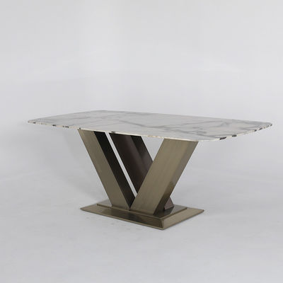 Brushed Grey Marble Dining Table Rose Gold Metal Rectangle Patio Table