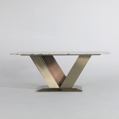 Brushed Grey Marble Dining Table Rose Gold Metal Rectangle Patio Table