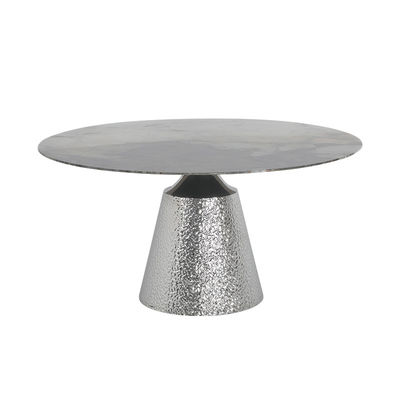 Round Stainless Steel Dining Table Shiny Silver Wave Panel Natural Marble Top