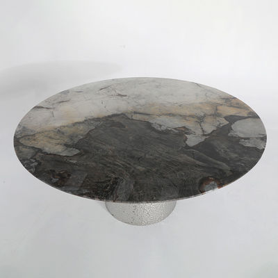 Round Stainless Steel Dining Table Shiny Silver Wave Panel Natural Marble Top