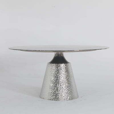 Round Stainless Steel Dining Table Shiny Silver Wave Panel Natural Marble Top
