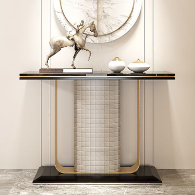 Wooden Base Black Marble Console Table Satin Finish Narrow Marble Console Table