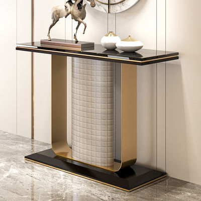 Wooden Base Black Marble Console Table Satin Finish Narrow Marble Console Table