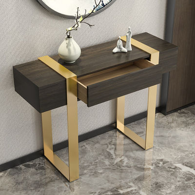Oak Black Marble Top Console Table With Two Drawers Satin Finish